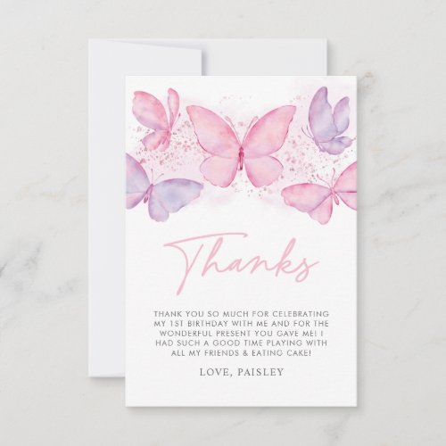 Girls 1st Birthday Butterfly Thank You Card
