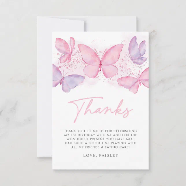 Girls 1st Birthday Butterfly Thank You Card | Zazzle