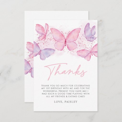 Girls 1st Birthday Butterfly Thank You Card | Zazzle