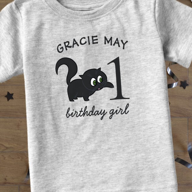 Girls 1st Birthday Cute Kitty Cat Age Kids T-Shirt (Celebrate the birthday girl who loves black cats with this cute t-shirt. Just add her name!)