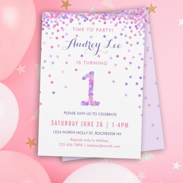 Girls 1st Birthday First Birthday Party Invitation (Pink Purple Confetti for your kiddo's birthday party!)