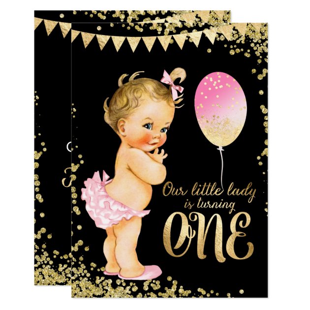 Girls 1st Birthday Gold Foil Glitter Invitation