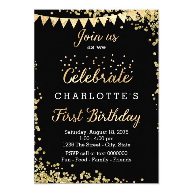 Girls 1st Birthday Gold Foil Glitter Invitation