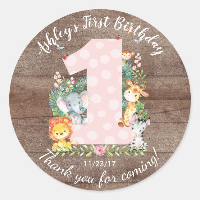 Girls 1st Birthday Jungle Animals Favor Sticker (Front)
