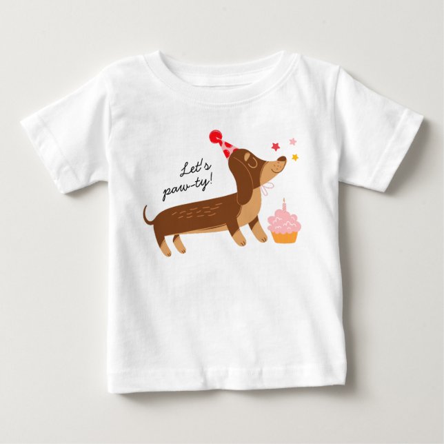 Girl's 1st Birthday Let's Pawty Cute Party Dog Baby T-Shirt (Front)