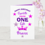 Girls 1st Birthday One Cute Princess Personalized Card<br><div class="desc">One cute little Princess in girly pink and purple with a pretty crown just the thing for a little girl turning one and having a first birthday party</div>