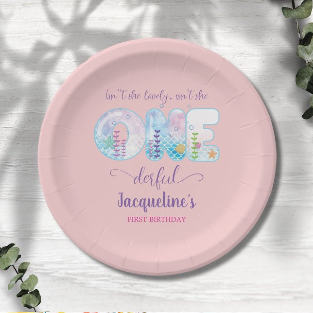 Girls 1st Birthday ONEderful Pretty Pink Paper Plates (Under the sea girls 1st birthday  party paper plate. Easy to personalize.)