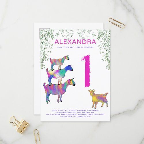 Girls 1st Birthday Party Colorful Goats Invitation Postcard