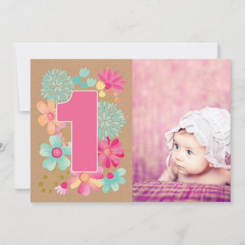 Girls 1st Birthday Party Number Photo Invitation