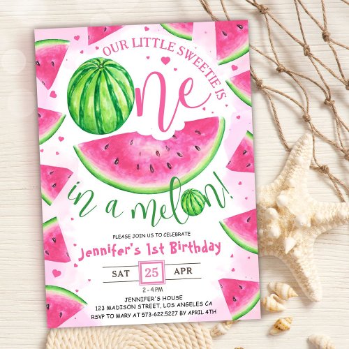 Girls 1st Birthday Party ONE in a Melon Cute Invitation