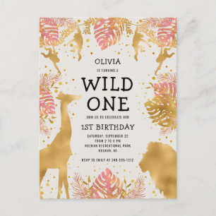 Girls 1st Birthday Party Pink Ecru Safari Invitation Postcard