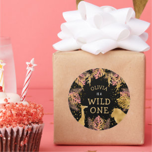 Girls 1st Birthday Party Pink Gold Black Safari Classic Round Sticker