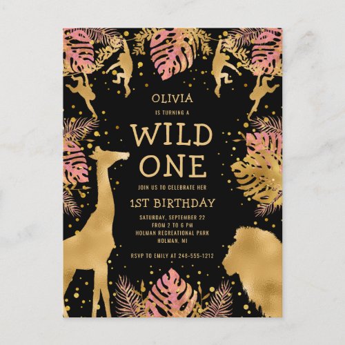 Girls 1st Birthday Party Pink Gold Black Safari Invitation Postcard