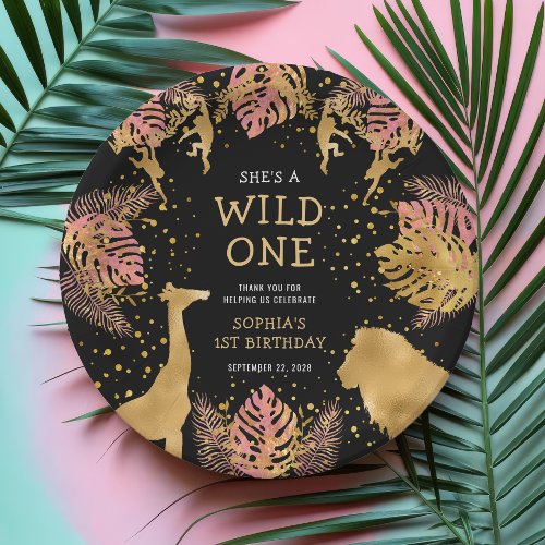 Girls 1st Birthday Party Pink Gold Black Safari Paper Plates