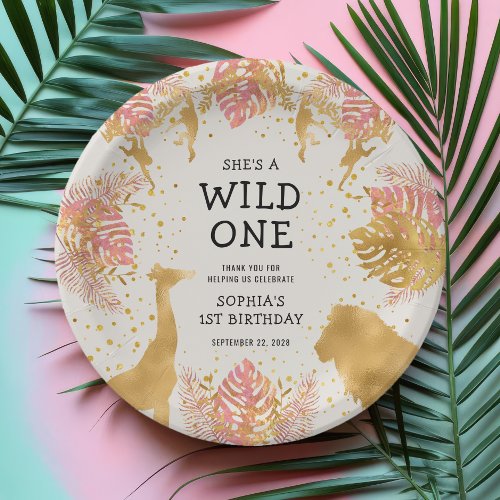 Girls 1st Birthday Party Pink Gold Ecru Safari Paper Plates