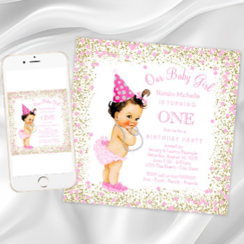 Girls 1st Birthday Party Pink Gold Glitter Invitation by InvitationCentral at Zazzle