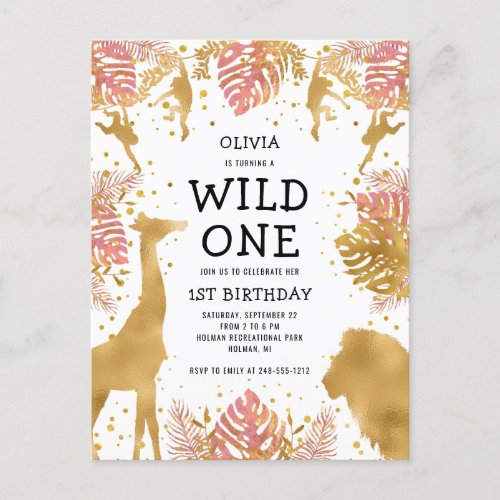 Girls 1st Birthday Party Pink Gold Safari Invitation Postcard