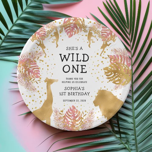 Girls 1st Birthday Party Pink Gold Safari Paper Plates