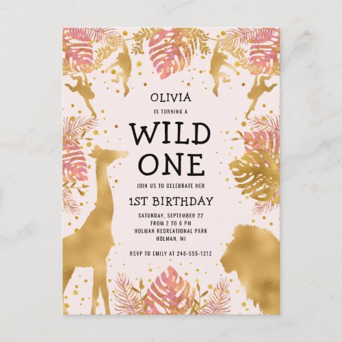 Girls 1st Birthday Party Pink Jungle Safari Invitation Postcard