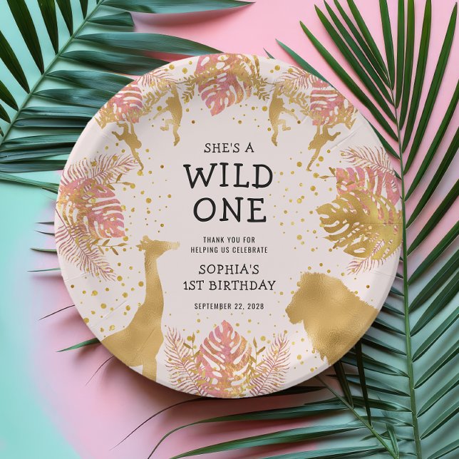 Girls 1st Birthday Party Pink Jungle Safari Paper Plates (Creator Uploaded)