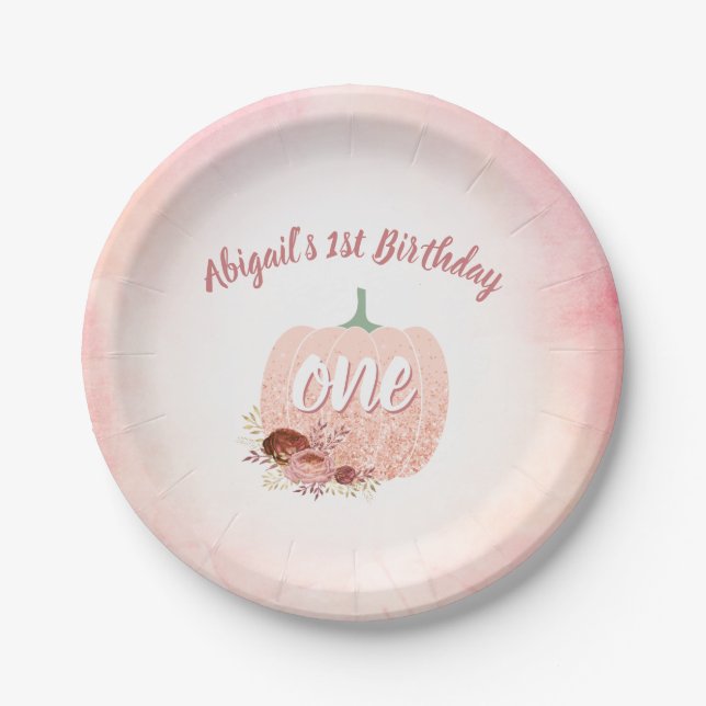 Girls 1st Birthday Party Rose Gold Glitter Pumpkin Paper Plates (Front)