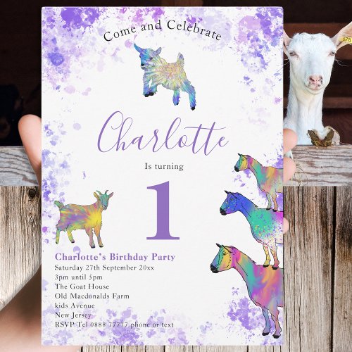 Girls 1st Birthday Party Watercolor Goats Purple Invitation