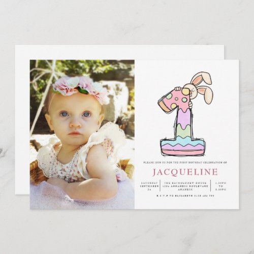 Girls 1st Birthday Photo Invitation