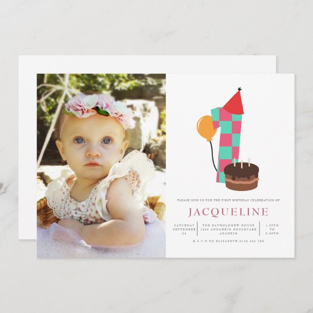 Girls 1st Birthday Photo Invitation (Front/Back)