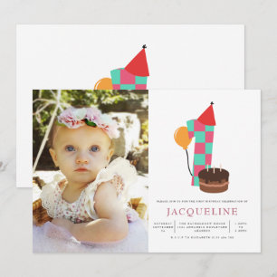 Girls 1st Birthday Photo Invitation