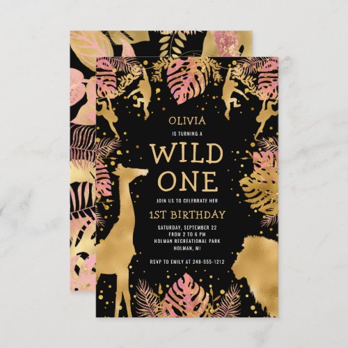 Girls 1st Birthday Pink Black Safari Invitation