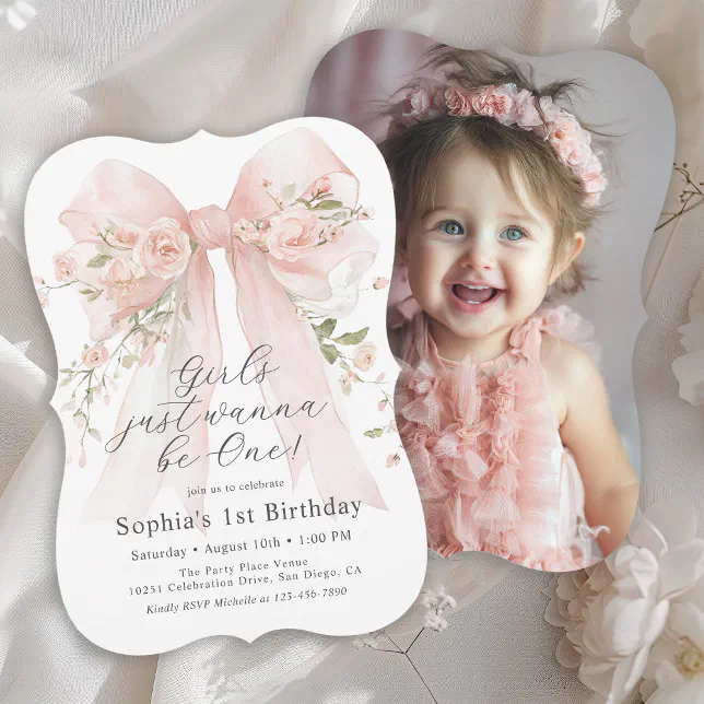 Girl's 1st Birthday Pink Floral Bow and Photo Invitation | Zazzle