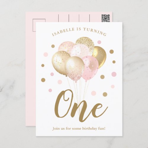 Girls 1st Birthday Pink Gold Glitter Invitation  Postcard