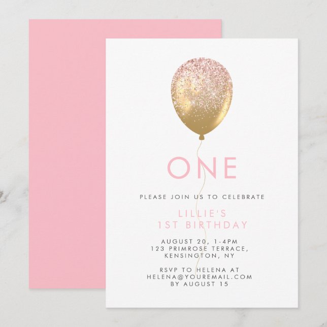 Girl's 1st Birthday Pink & Gold Party   Invitation (Front/Back)