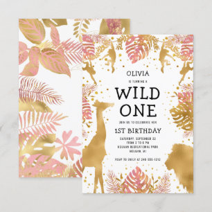 Girls 1st Birthday Pink Gold Safari Invitation
