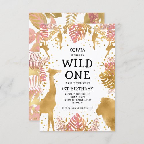 Girls 1st Birthday Pink Gold Safari Invitation