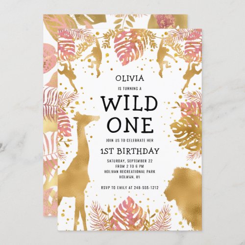 Girls 1st Birthday Pink Gold Safari Invitation