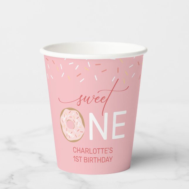 Girl's 1st Birthday Sweet One Donut Paper Cups (Front)