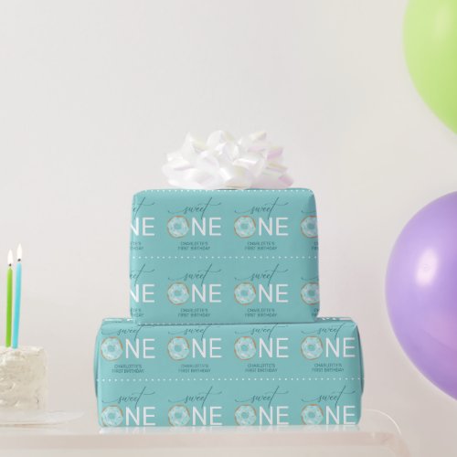 Girls 1st Birthday Sweet One Donut Teal Wrapping Paper