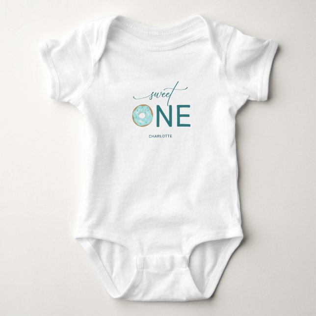 Girl's 1st Birthday Sweet One Teal Donut Baby Bodysuit (Front)