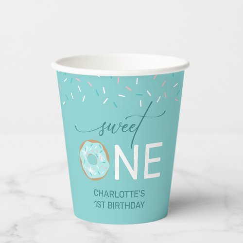 Girls 1st Birthday Sweet One Teal Donut Paper Cups