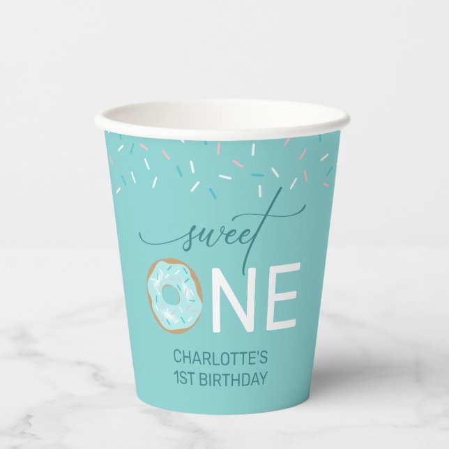 Girl's 1st Birthday Sweet One Teal Donut Paper Cups (Front)