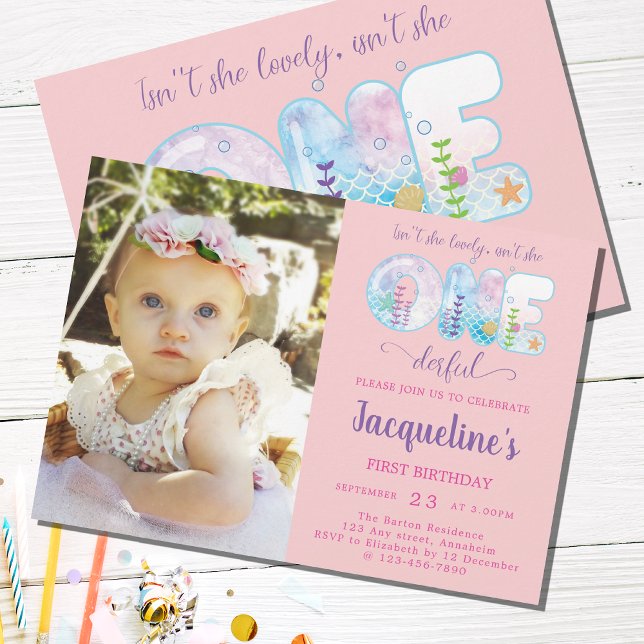 Girls 1st Birthday Under The Sea Pretty Pink Invitation (Girls 1st birthday onederful under the sea pink party invitations with photo template.)