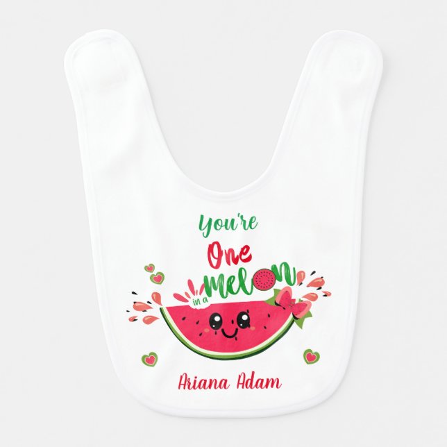  Girl's 1st Birthday Watermelon One In A Melon  Baby Bib (Front)