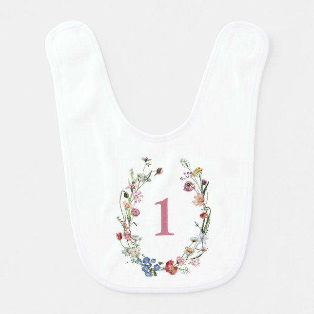 Girl's 1st Birthday Wild Flowers Wreath  Baby Bib (Front)