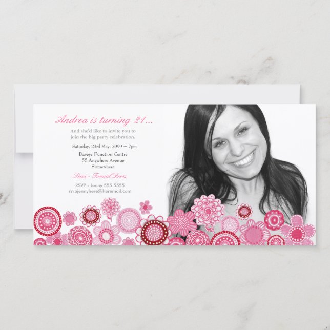 Girls 21st Birthday Party Pink Photo Card Template (Front)