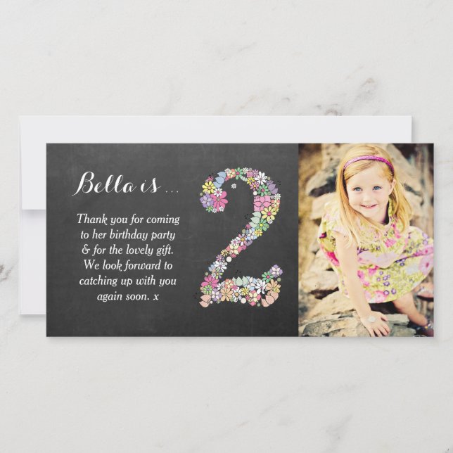 Girls 2nd  Birthday Floral Thank You Photo Card (Front)