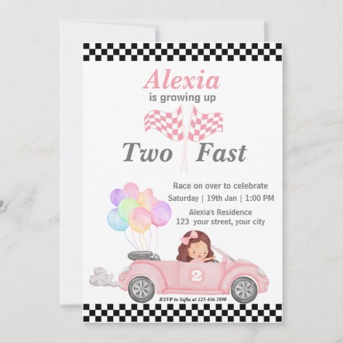 Girls 2nd Birthday Growing Up Two Fast Pink Car  Invitation