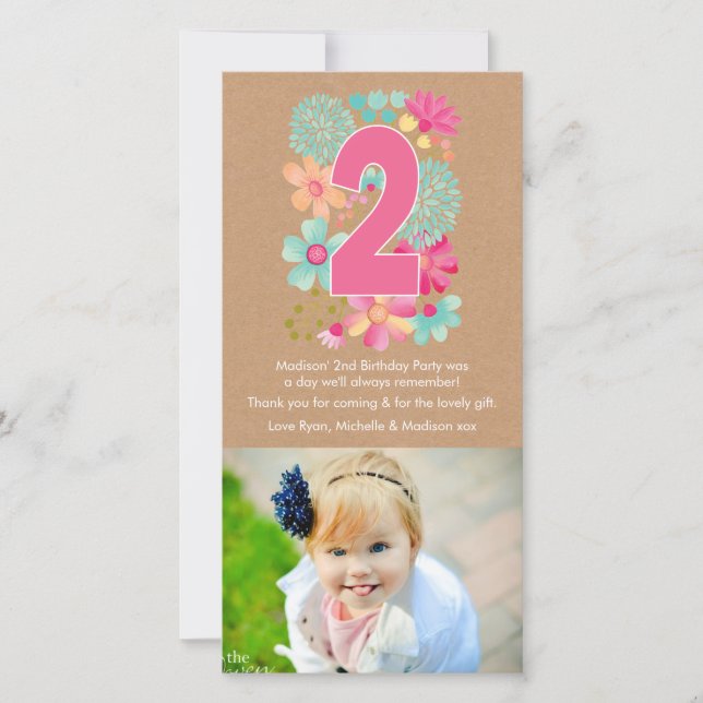 Girls 2nd Birthday Number 2 Thank You Photo Card (Front)