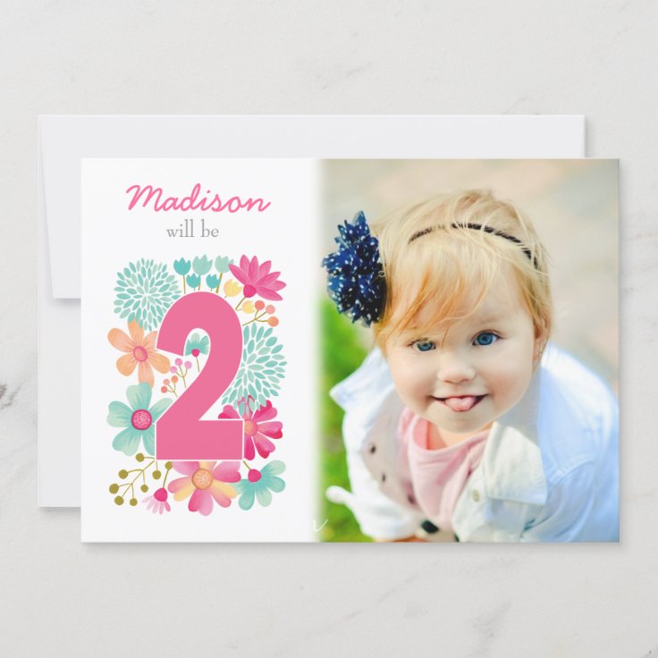 Girls 2nd Birthday Party Number Photo Invitation | Zazzle