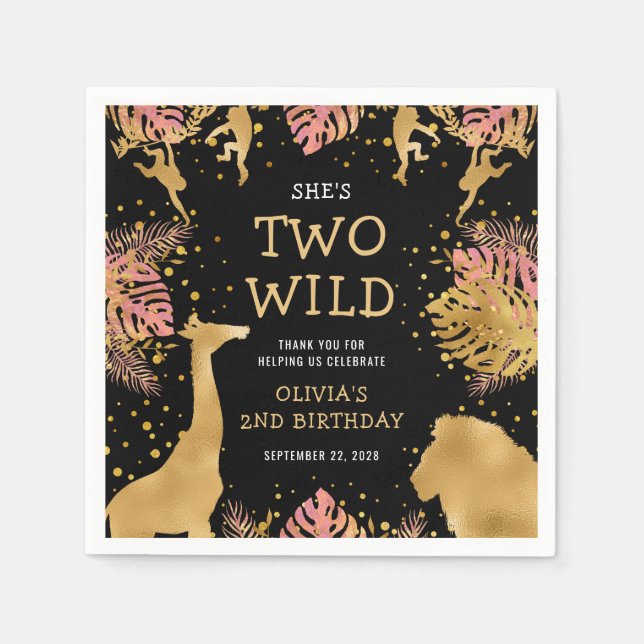 Girls 2nd Birthday Party Pink Gold Black Safari Napkins (Front)